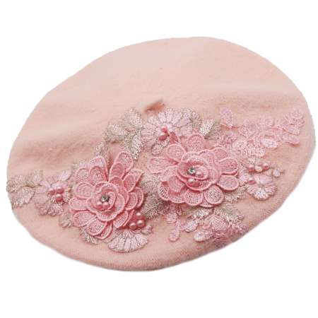 Barett Mütze Wolle pink spitze mit Blumen