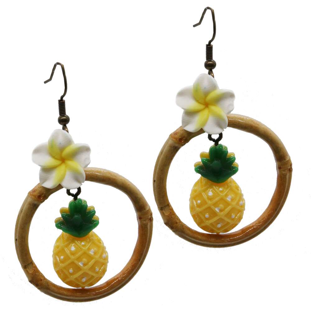 Earrings with yellow pineapple in bamboo ring