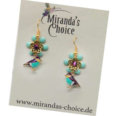 Gold and Purple Small Bird Earrings