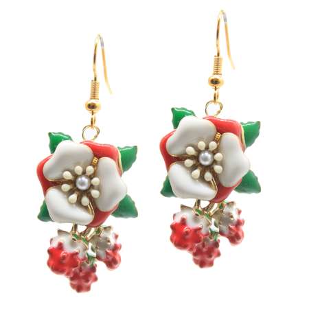 Sparkling earrings with enamel flowers and red strawberry pendant