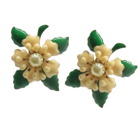 Yellow enamel blossom - vintage style earrings rockabilly