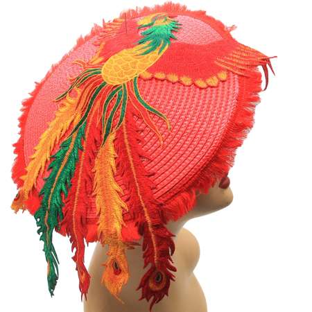 red raffia cone hat with fringes