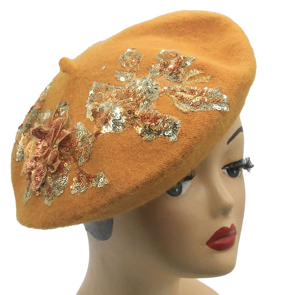 beret mustard flowers wool vintage rockabilly