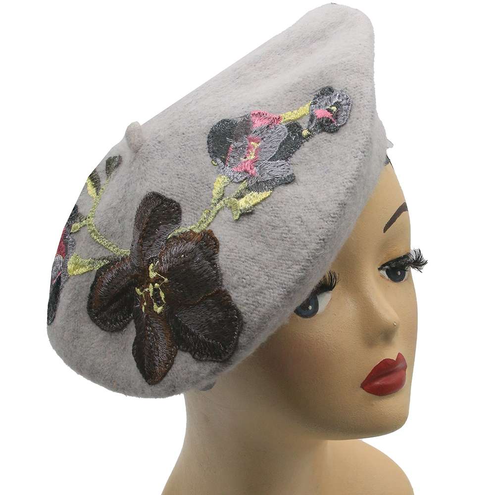 beret grey flowers brown embroided vintage 2