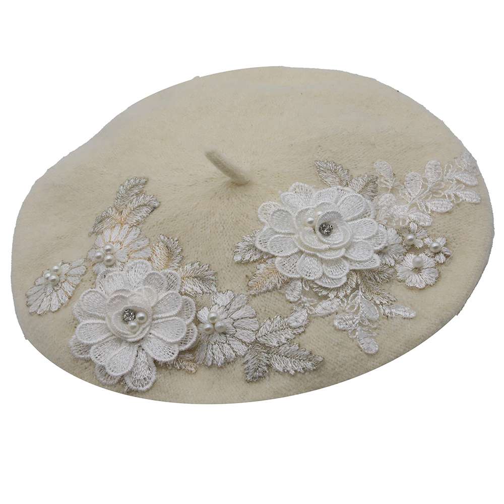 beret ivory flowers wool vintage rockabilly