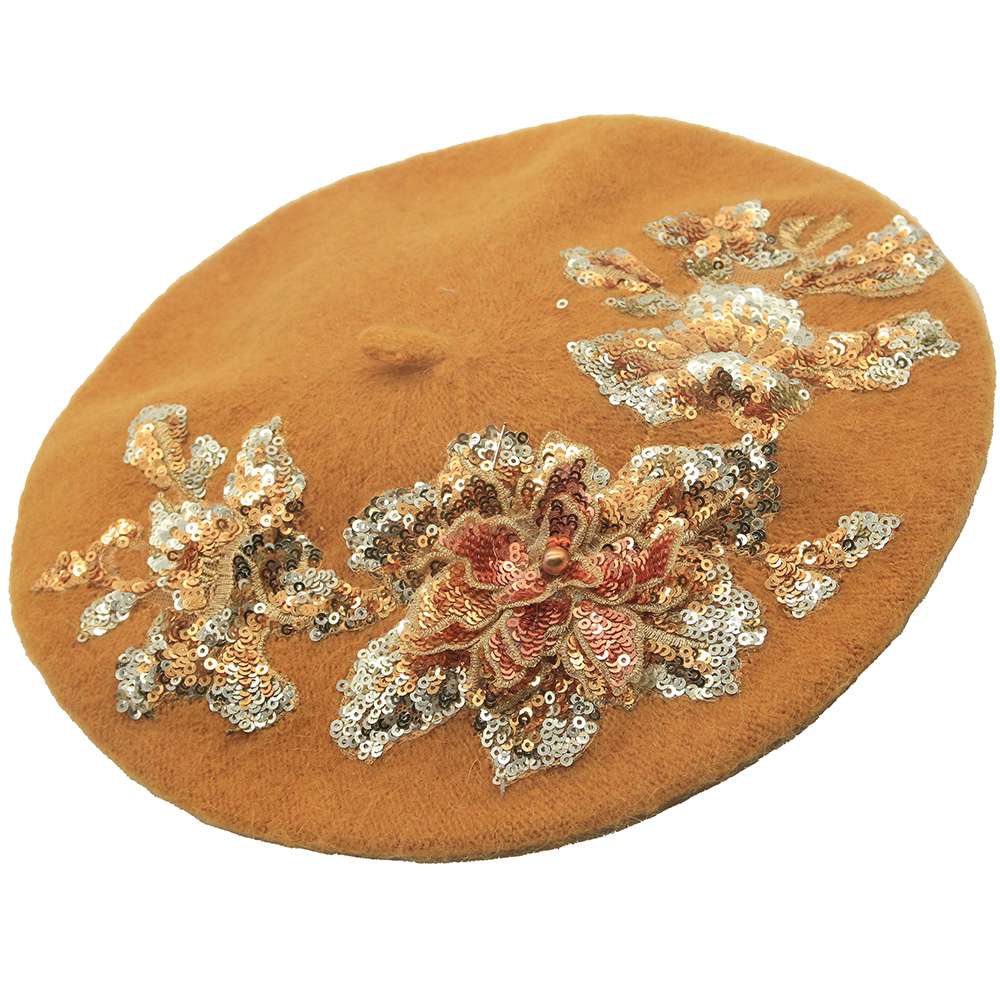 ochre beret with Flowers