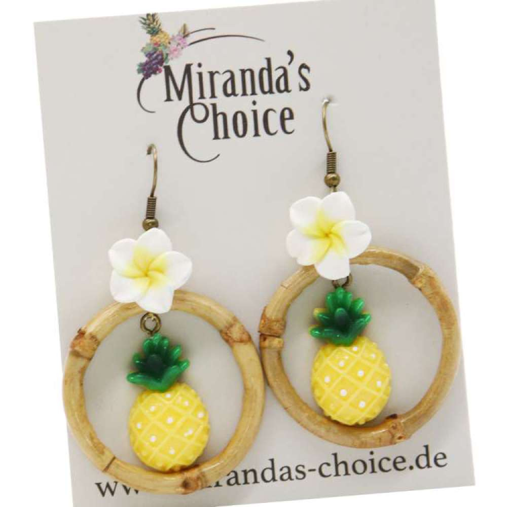 Earrings with yellow pineapple in bamboo ring