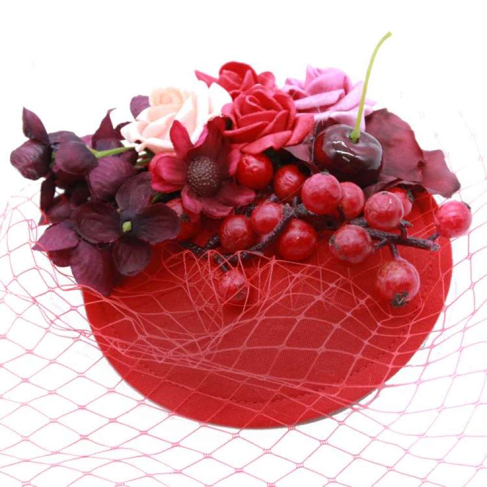Red veil fascinator (birdcage) with flowers