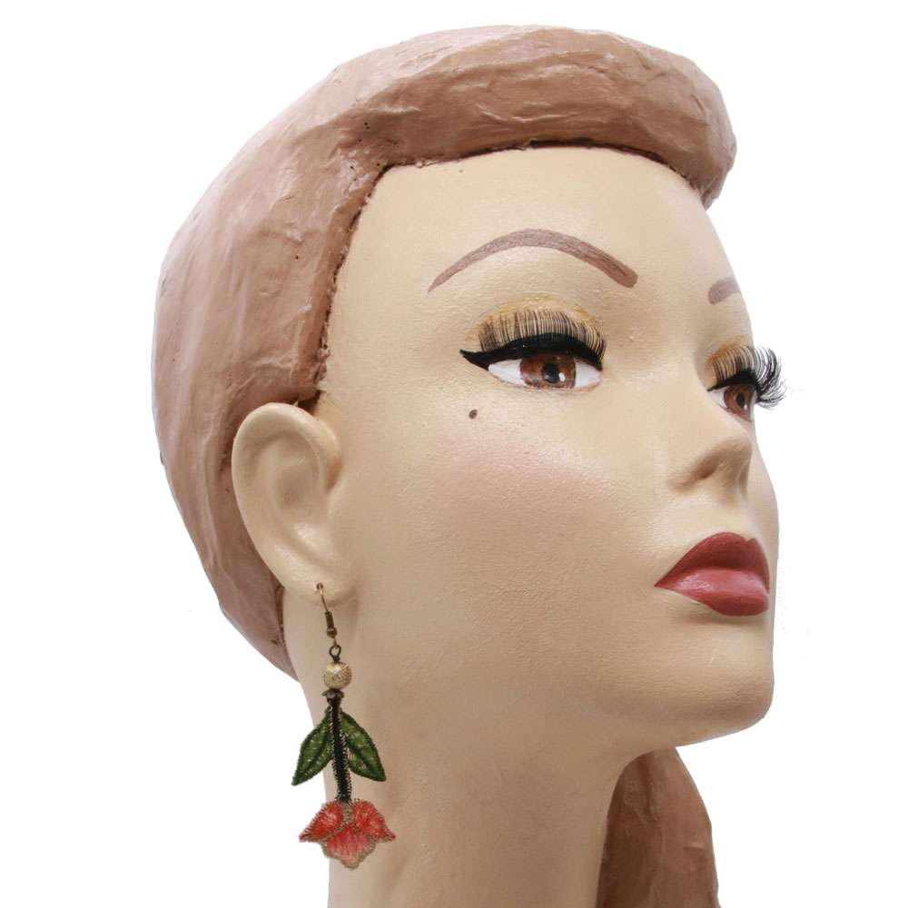 head with Earrings with Embroidered Flowers in Pink & Gold
