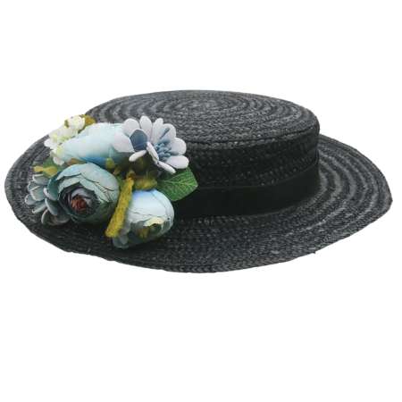 schwarzer Strohhut - blaue Blume