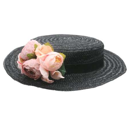 schwarzer Strohhut - rosa Blume