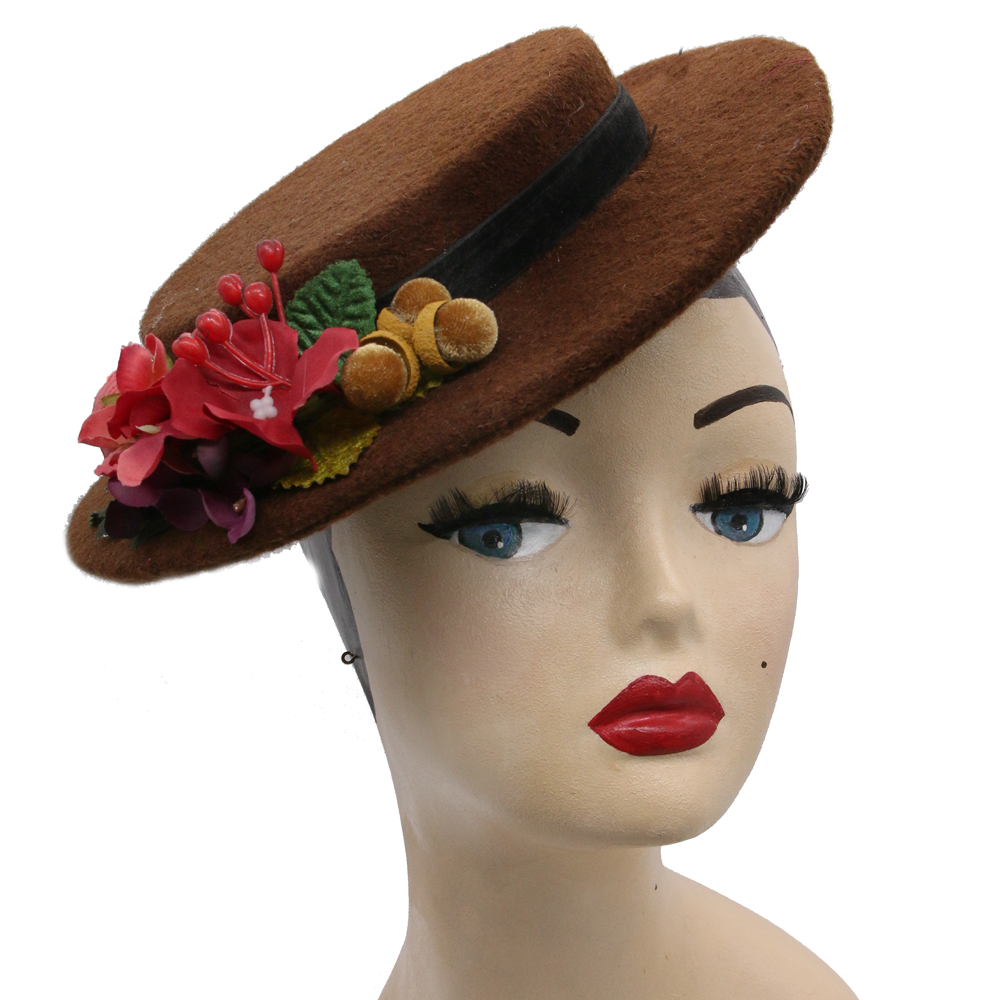 1930s Brown Velvet Picture Hat Women's Fall Hats Vintage 30s Brimmed Hat