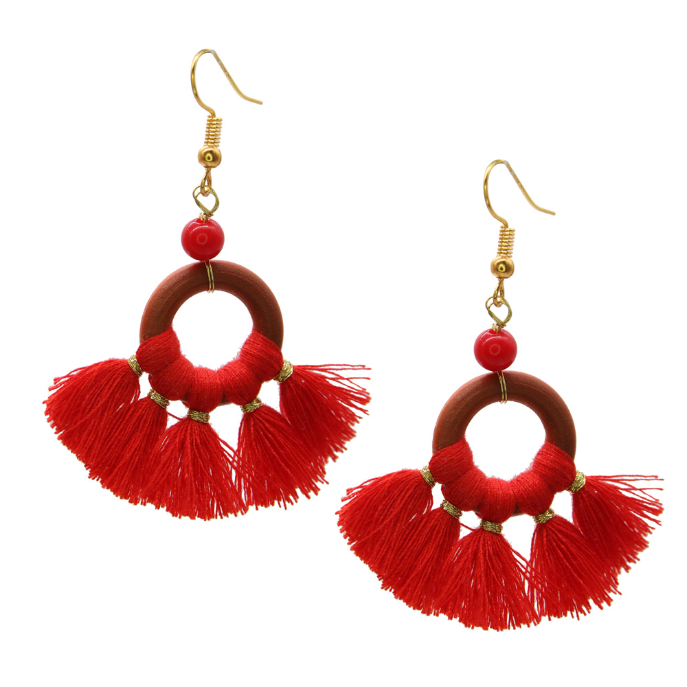 Red tassels - vintage style wool earrings
