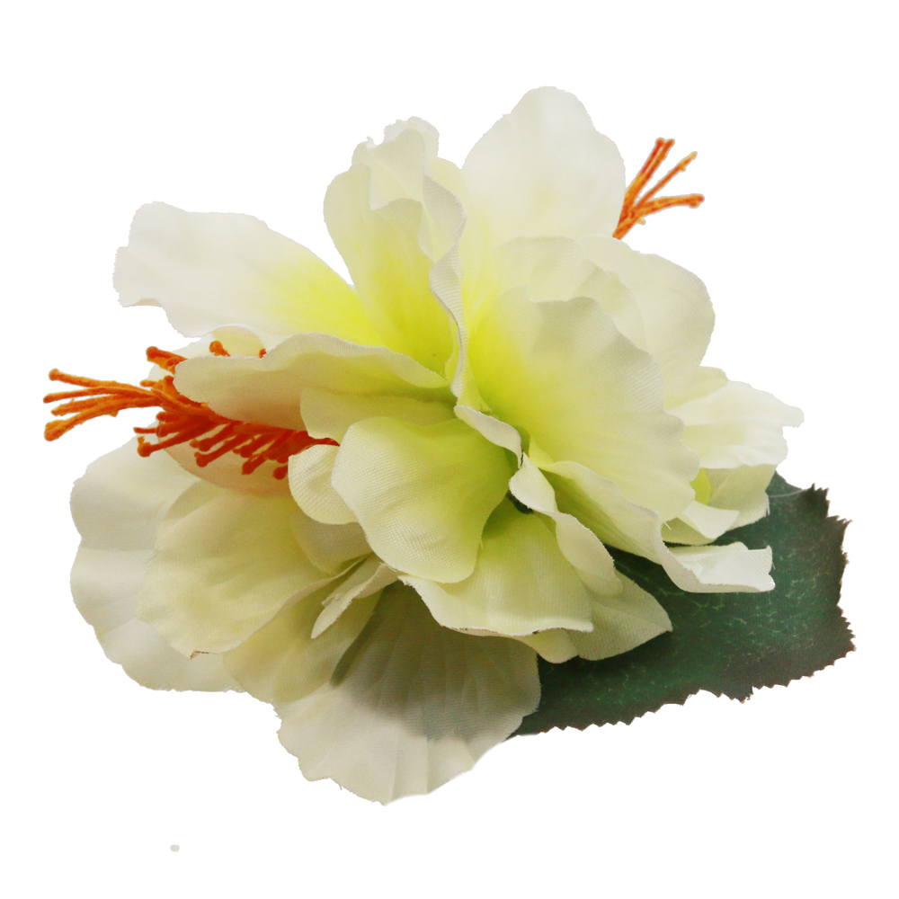 Hair flower with 2 white hibiscus blossoms on a leaf