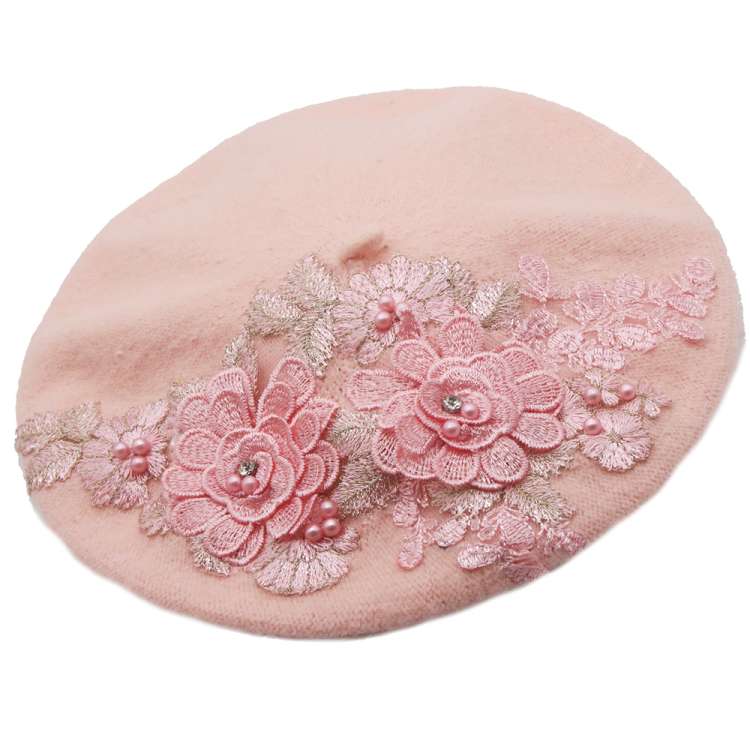 Barett Mütze Wolle pink spitze mit Blumen