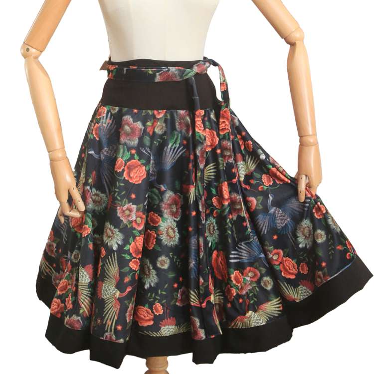 Circle skirt  with flowers and cranes