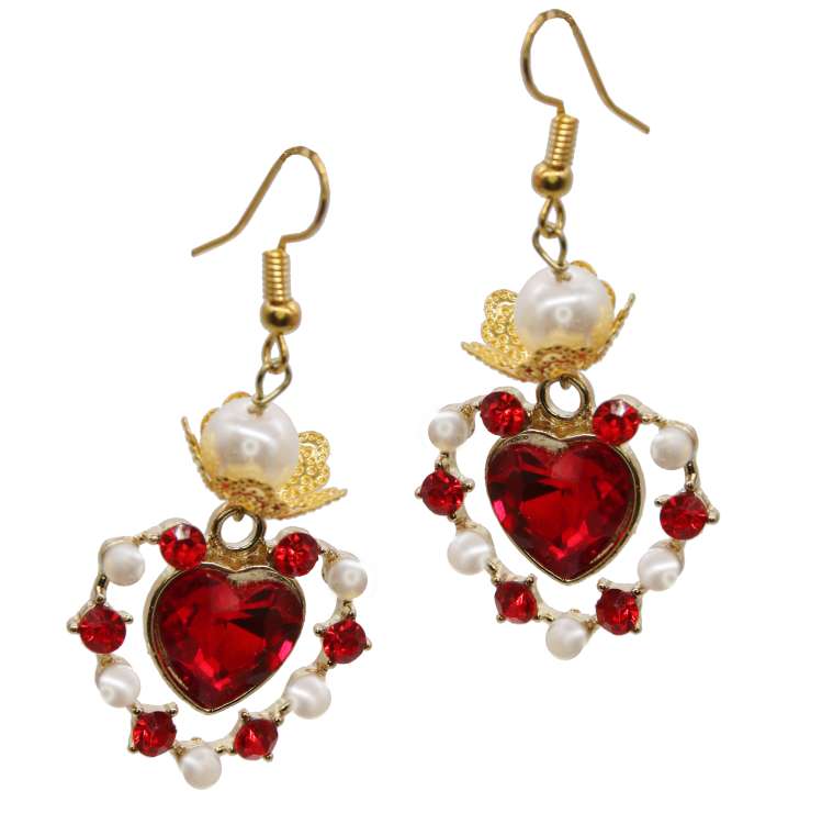 Filigree sparkling heart earrings with rhinestone in red gold
