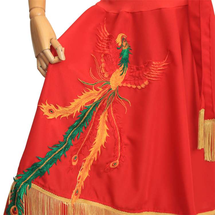 circle skirt fire bird with fringes in red yellow