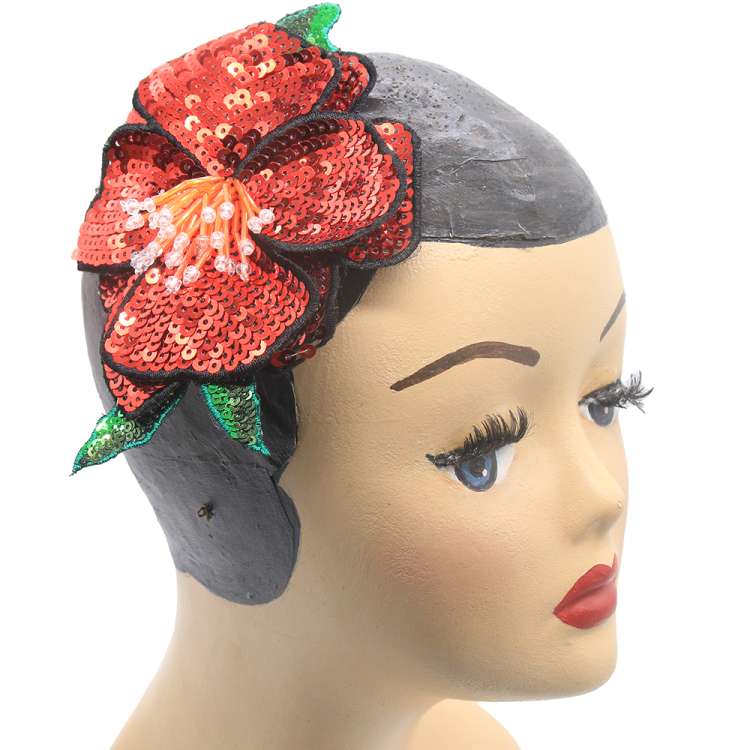 hair flower sequins hibiscus red