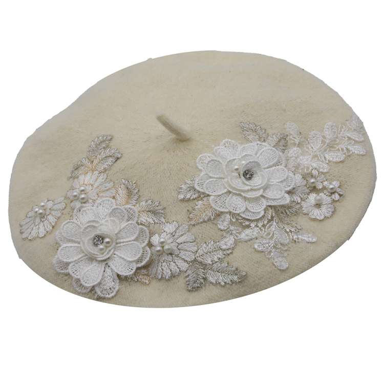 beret ivory flowers wool vintage rockabilly