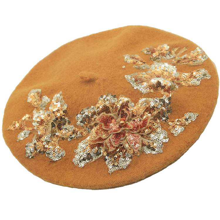 ochre beret with Flowers