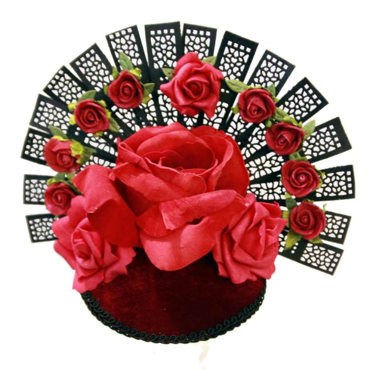 Rot-Schwarzer Fascinator mit asiatischem Fächer und Rosen