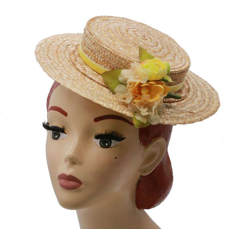 Small straw hat - with yellow flowers in vintage style
