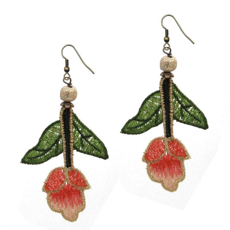 Earrings with Embroidered Flowers in Pink & Gold