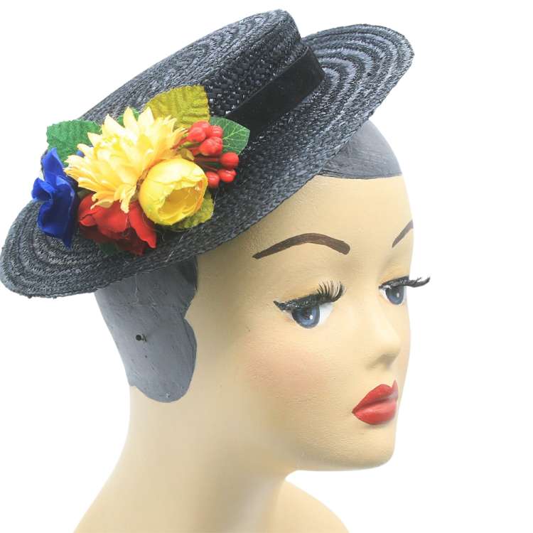Straw hat black - mixed flowers