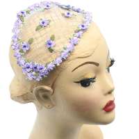 Lilac Half hat with net and small embroidered flowers in vintage style