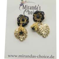 Ohrstecker mit schwarzer Emaille Blume und Monstera Blatt