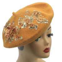 beret mustard flowers wool vintage rockabilly