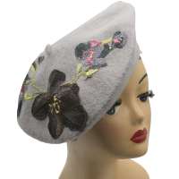 beret grey flowers brown embroided vintage 2