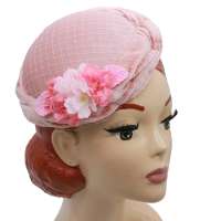 Pink Velveteen Circle Hat - small round velvet hat with net and flowers