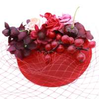 Red veil fascinator (birdcage) with flowers