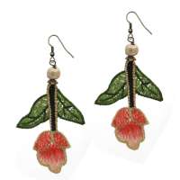 Earrings with Embroidered Flowers in Pink & Gold